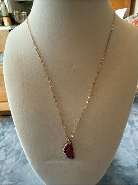Minimalist Gold Necklace with a Pink Slice of Watermelon Pendant